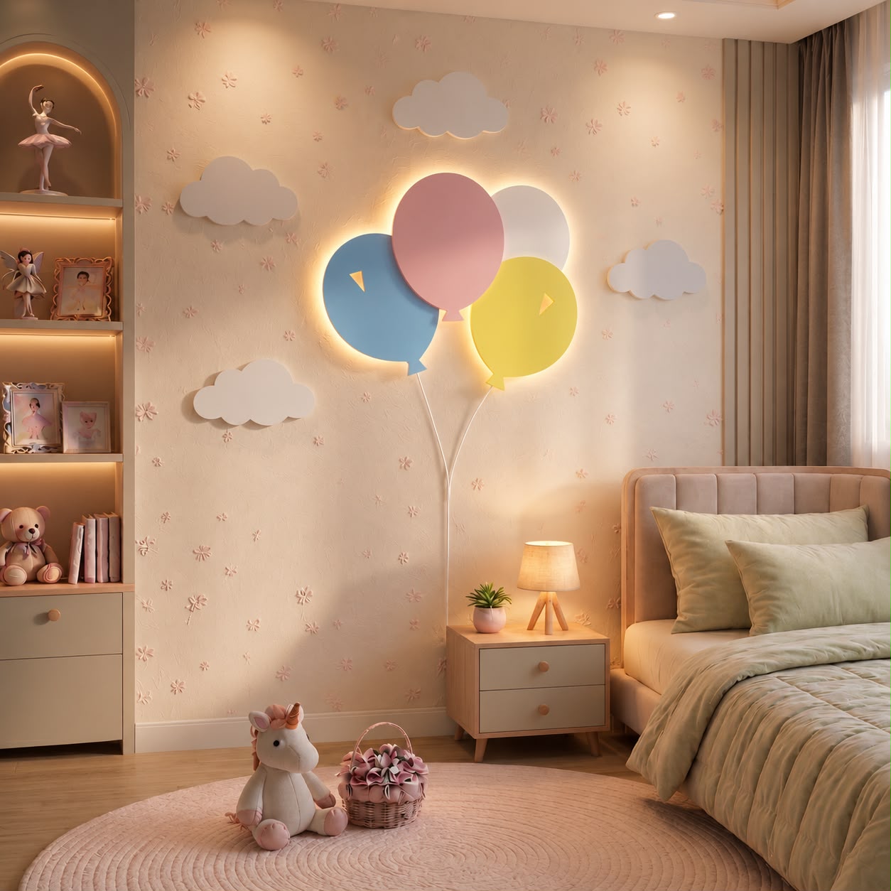 HandCrafted Wooden Balloons LED Wall Lamp for Kids Room