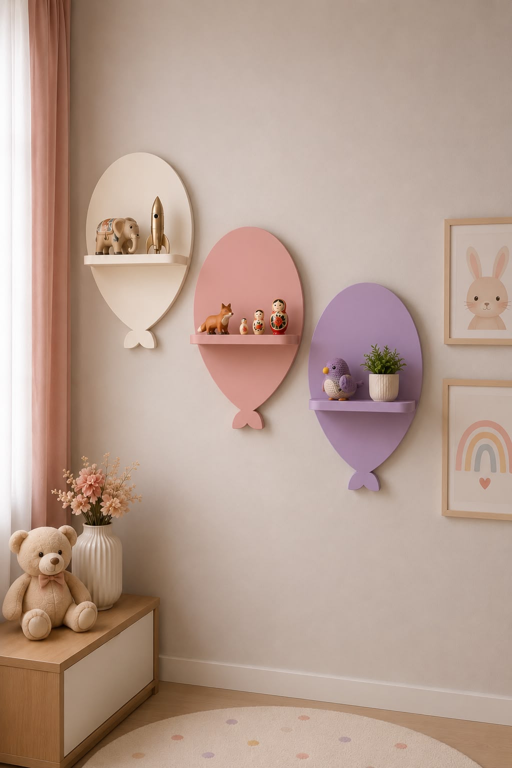 Kids Room Decorative Wooden Balloon Wall Shelf Set (3 Piece)