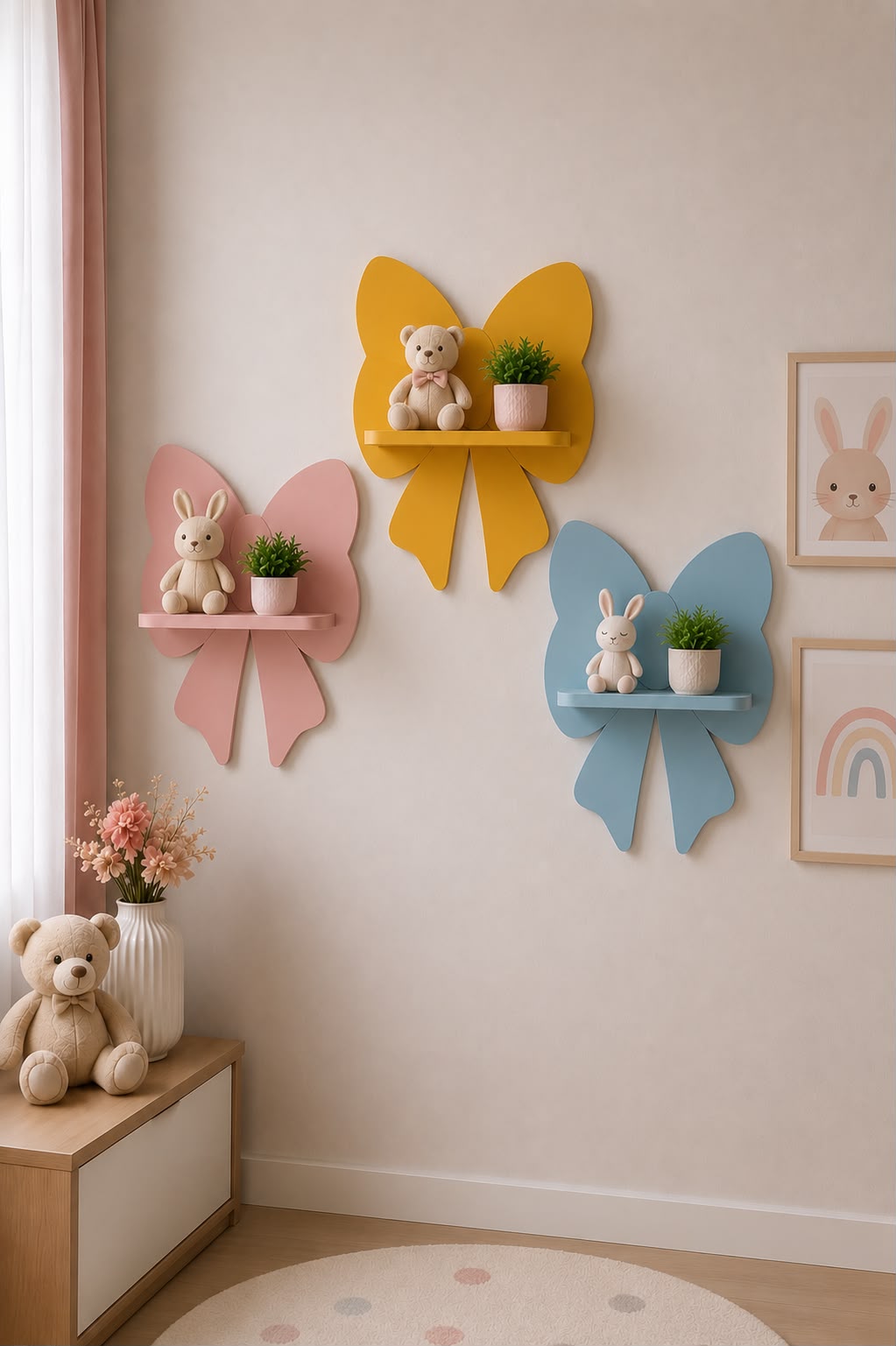 Kids Room Decorative Wooden Bow Wall Shelf Set (3 Pieces)