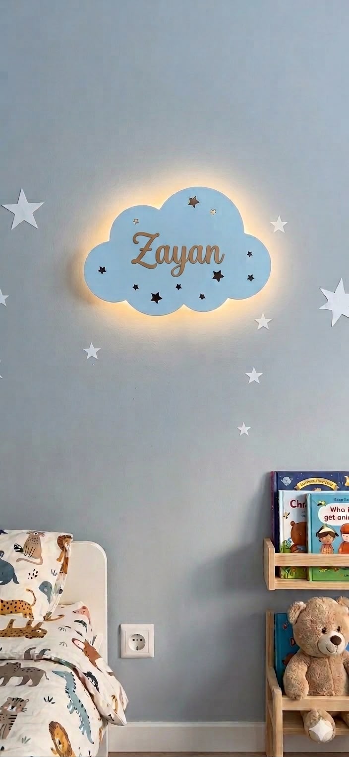 Custom Name Night Light-Wooden Cloud Name lamp for Kids Room