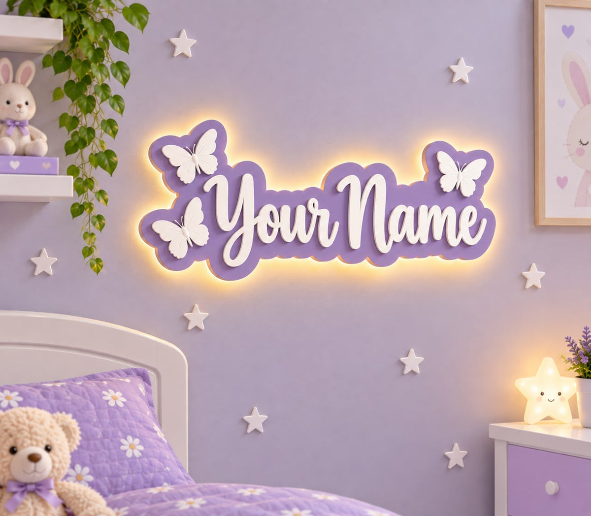 LED Name Sign for Kids Room – Custom Acrylic Name Wall Decor with Butterfly Design