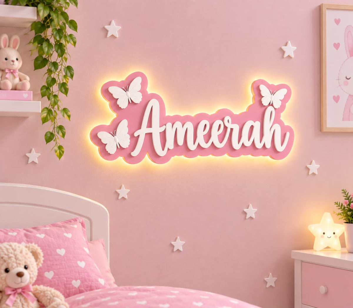 LED Name Sign for Kids Room – Custom Acrylic Name Wall Decor with Butterfly Design