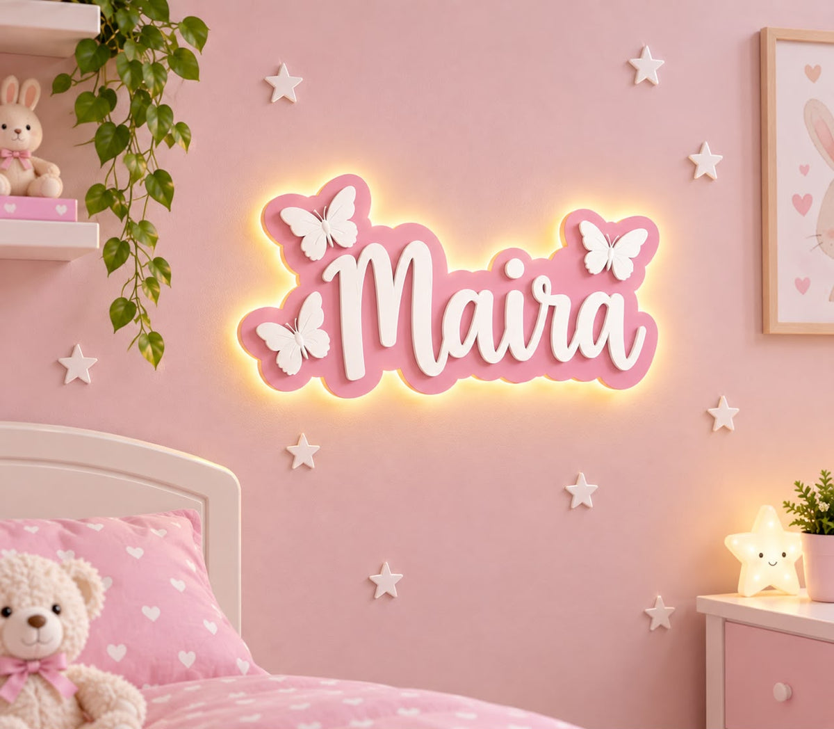 LED Name Sign for Kids Room – Custom Acrylic Name Wall Decor with Butterfly Design