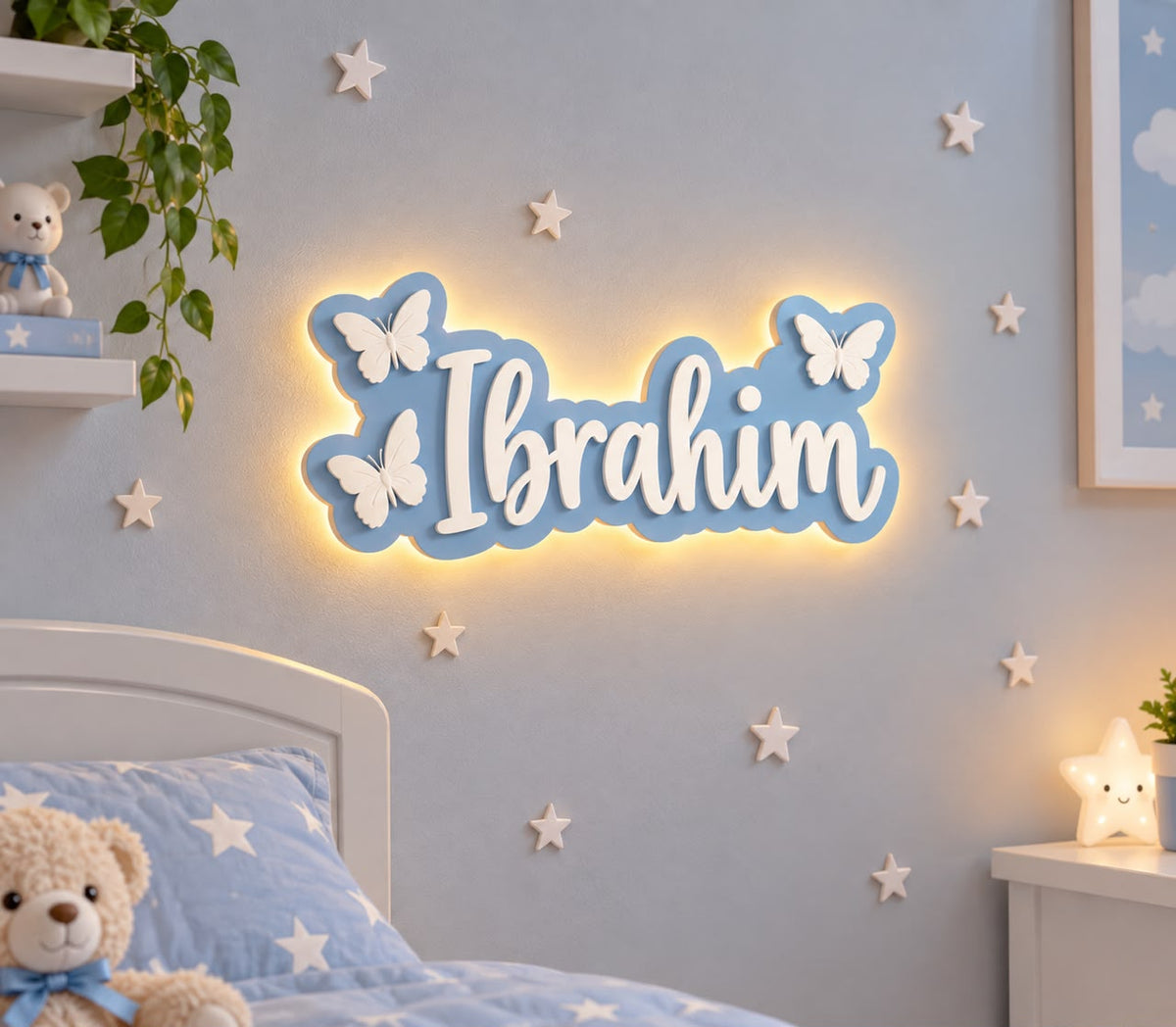 LED Name Sign for Kids Room – Custom Acrylic Name Wall Decor with Butterfly Design
