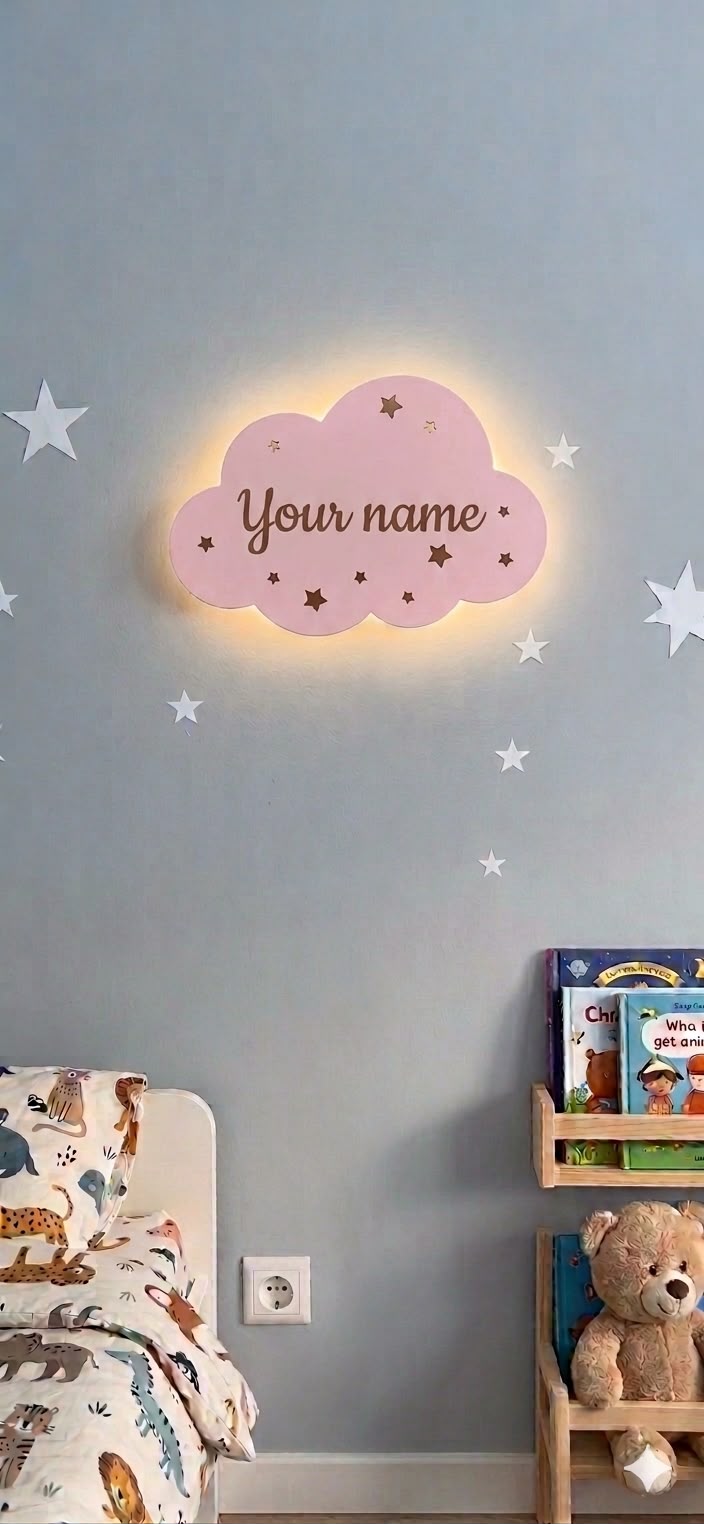 Custom Name Night Light-Wooden Cloud Name lamp for Kids Room