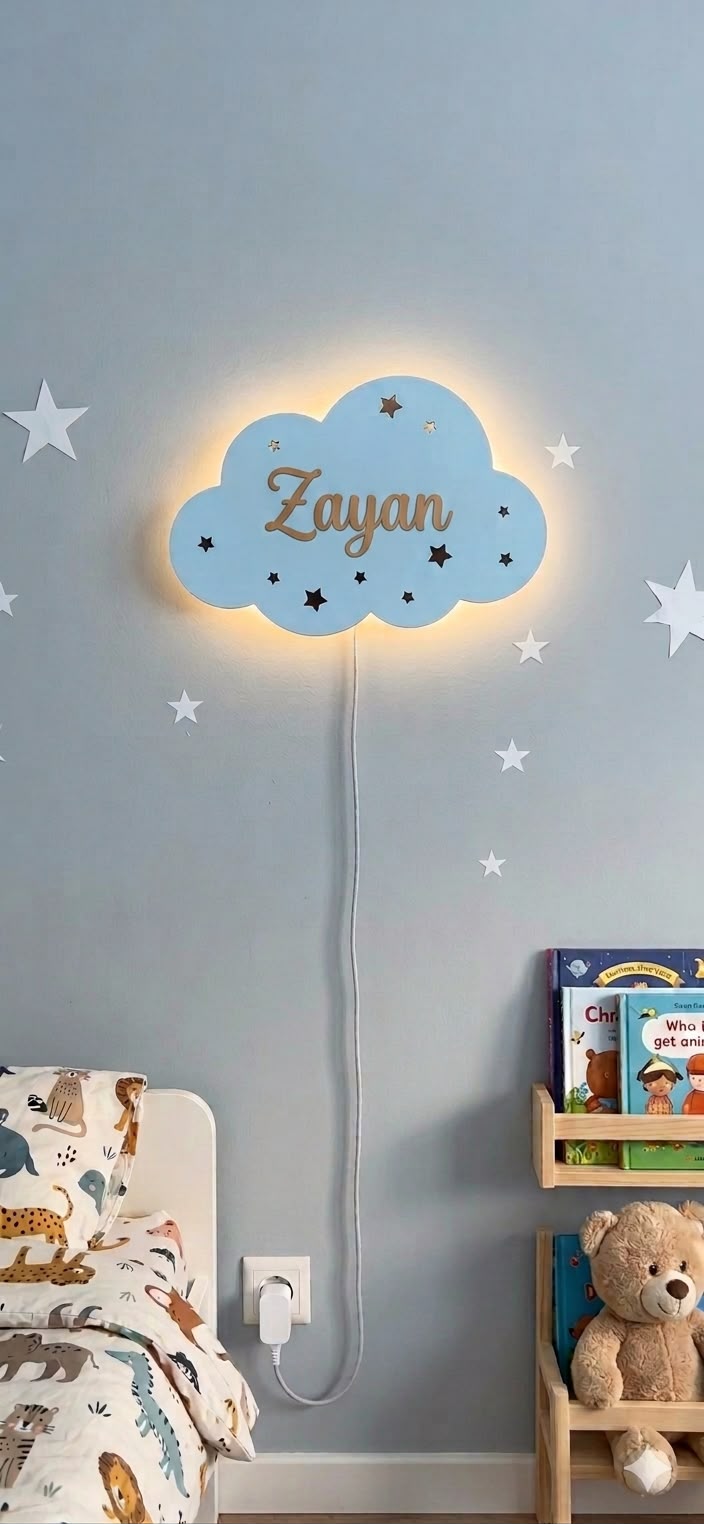 Custom Name Night Light-Wooden Cloud Name lamp for Kids Room
