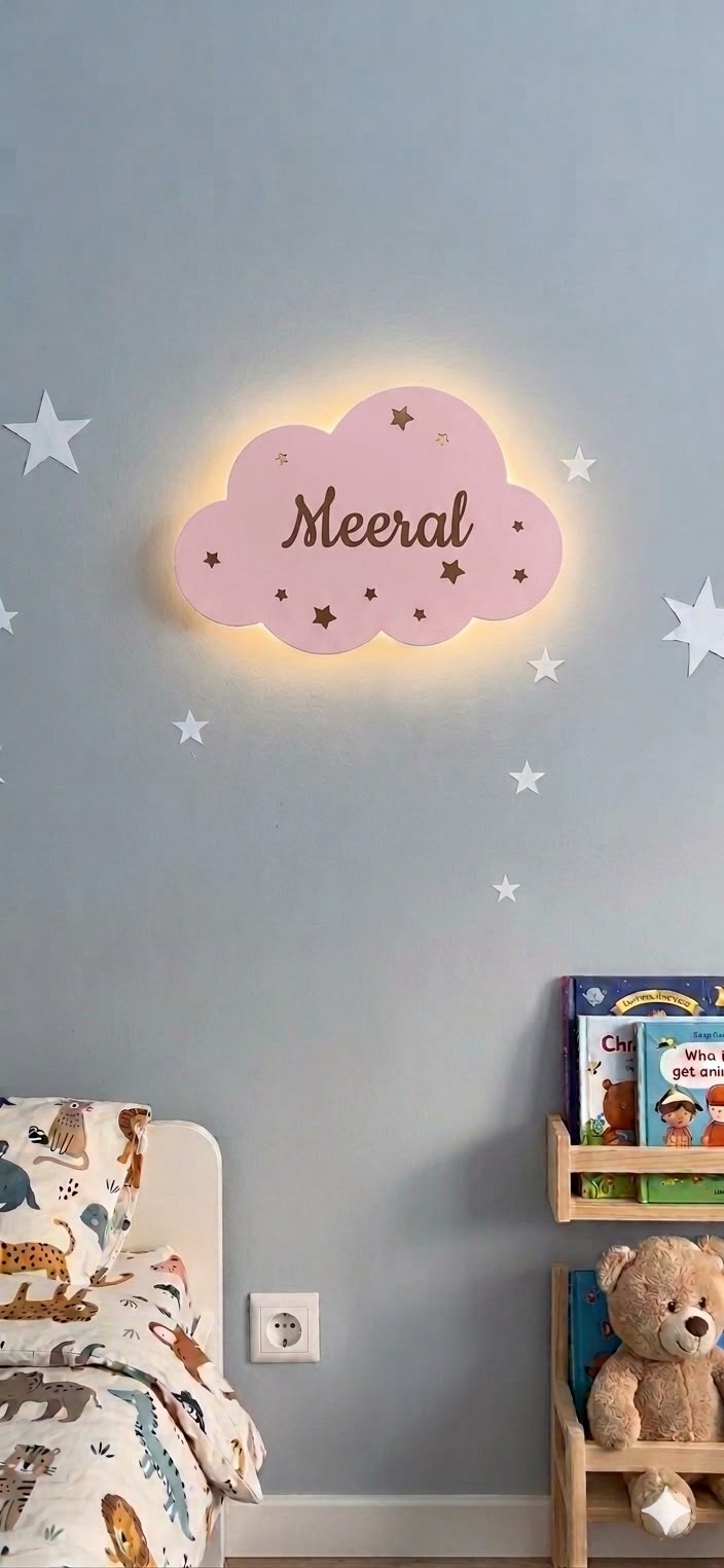 Custom Name Night Light-Wooden Cloud Name lamp for Kids Room
