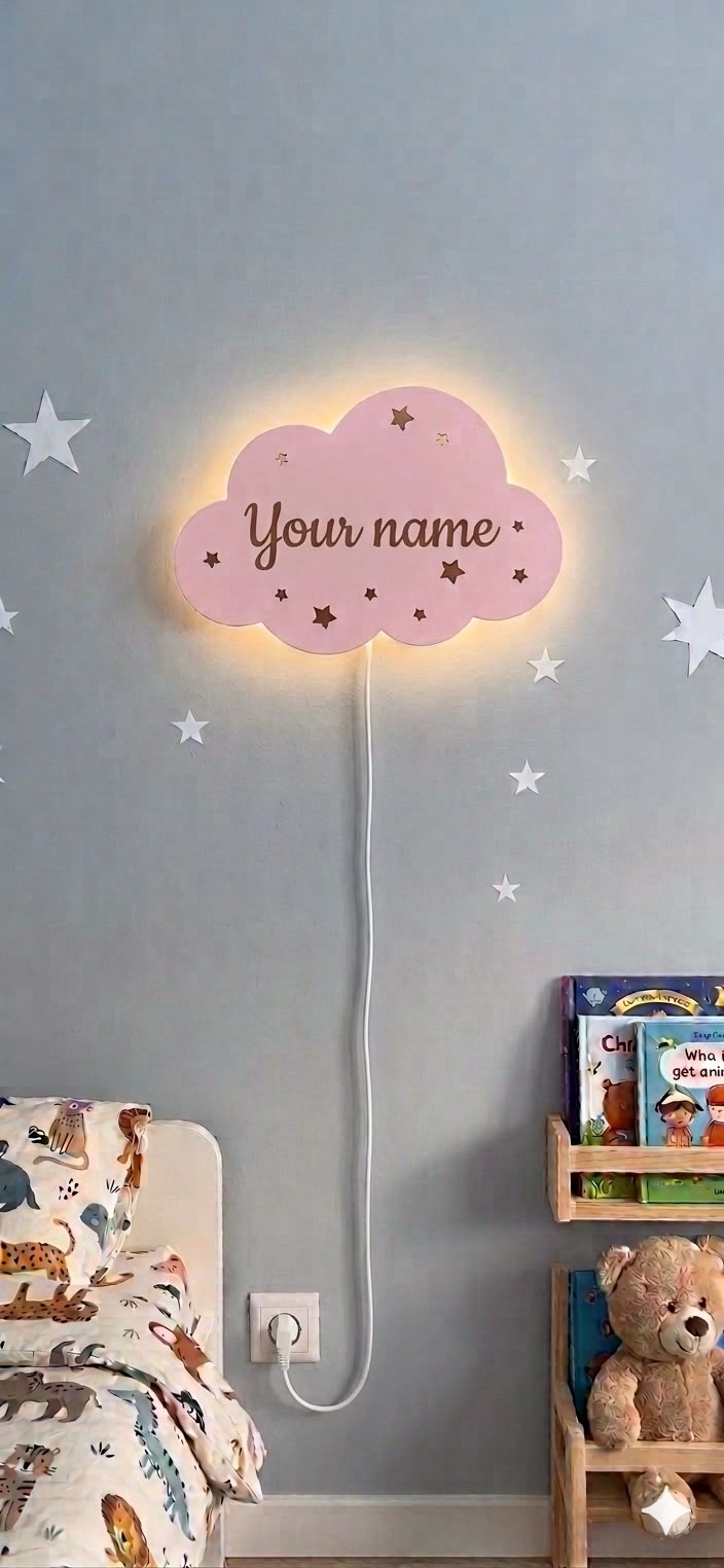 Custom Name Night Light-Wooden Cloud Name lamp for Kids Room