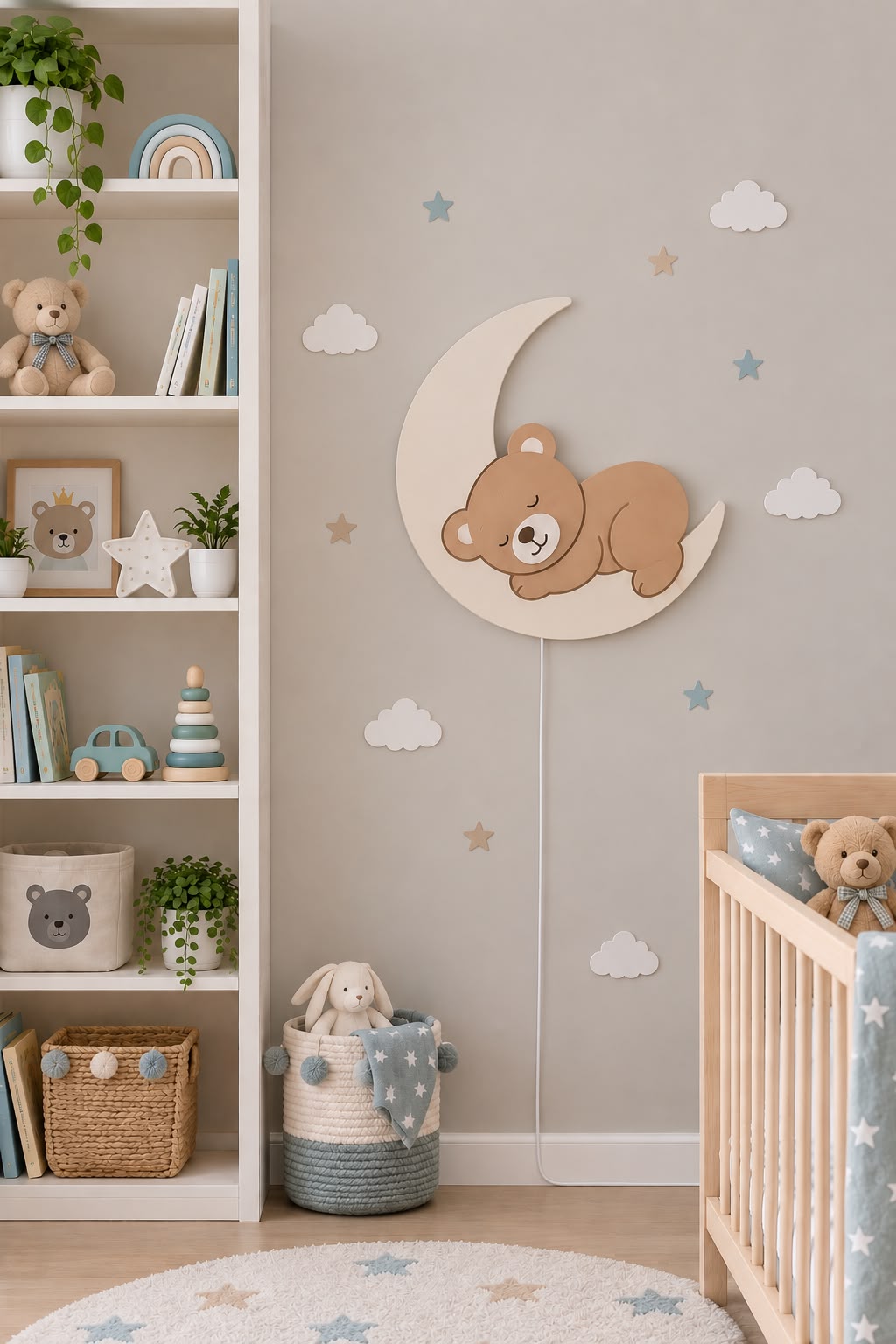 HandCrafted wooden Sleepy Teddy LED Night Lamp for Kids Room – Cute Wooden LED Light lamp
