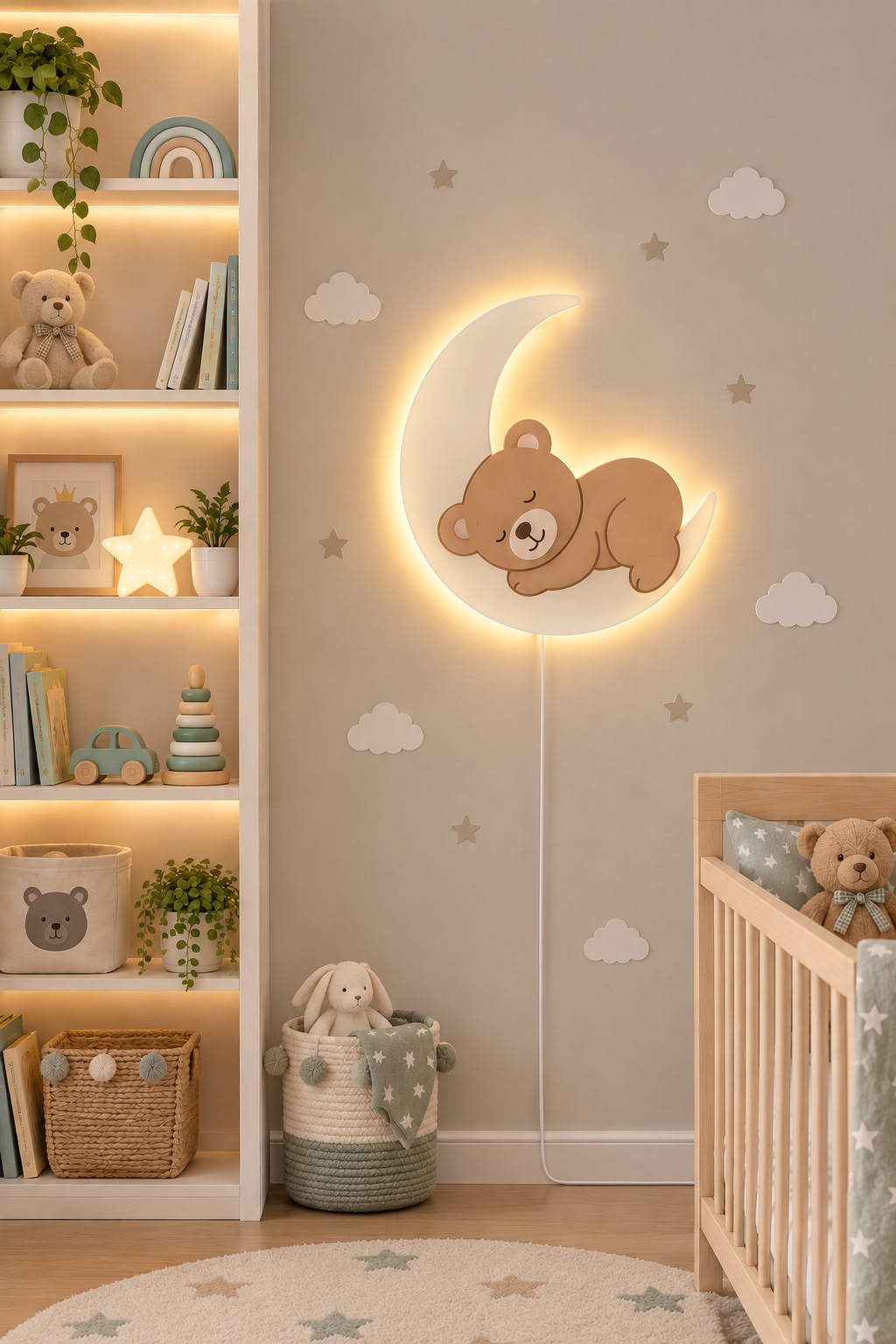 HandCrafted wooden Sleepy Teddy LED Night Lamp for Kids Room – Cute Wooden LED Light lamp